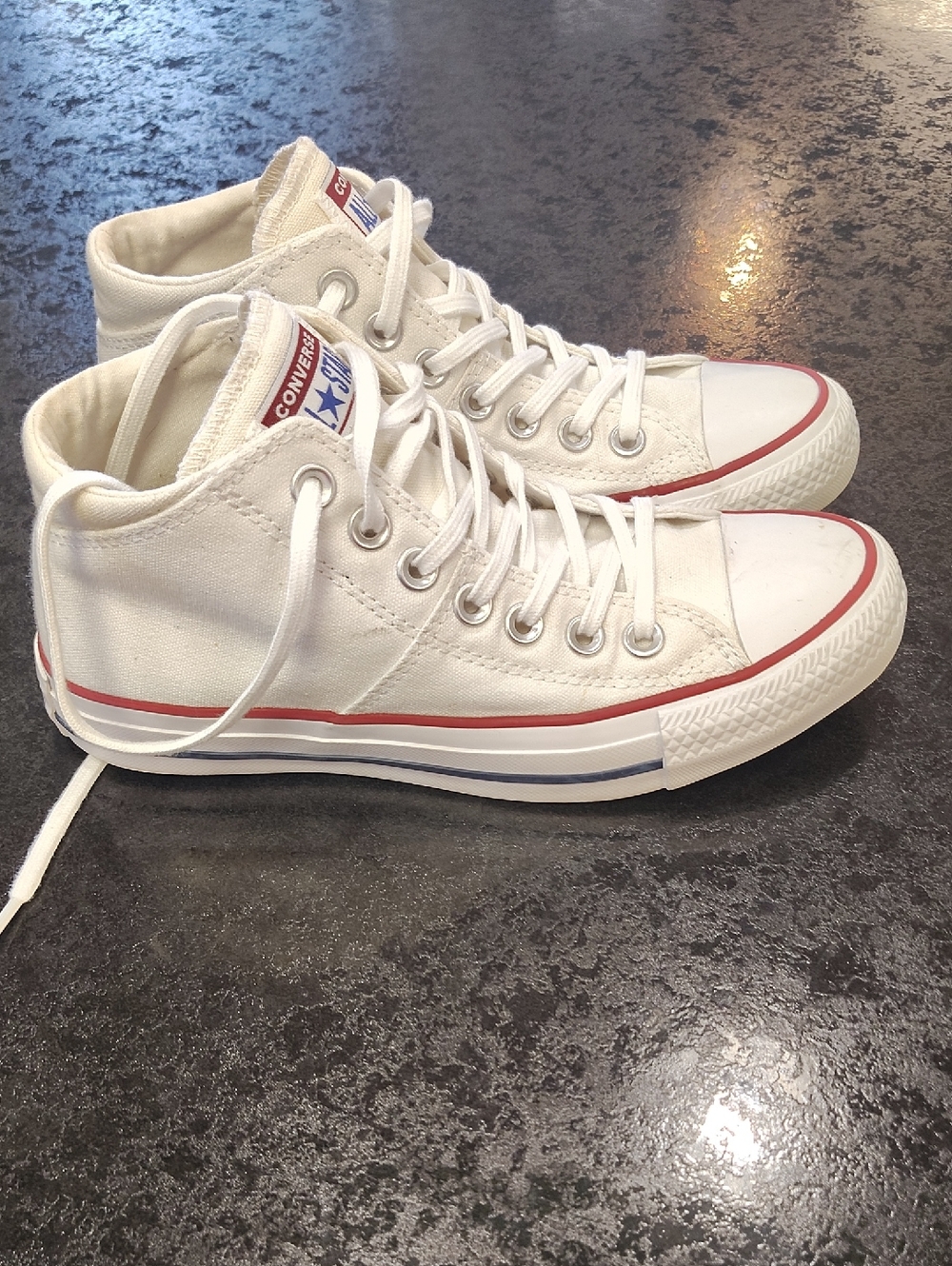Converse White Canvas High Top Sneakers with Red & Blue Trim